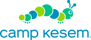 Blue and green cartoon caterpillar with the name Camp Kesem underneath